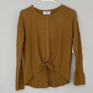 Tie-front waffle long sleeve shirt